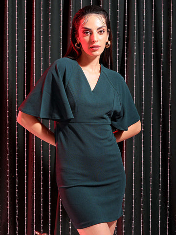 Shop Freehand Women Green Fitted Textured V-Neck Mini Dress Online.
