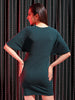 Shop Freehand Women Green Fitted Textured V-Neck Mini Dress Online.