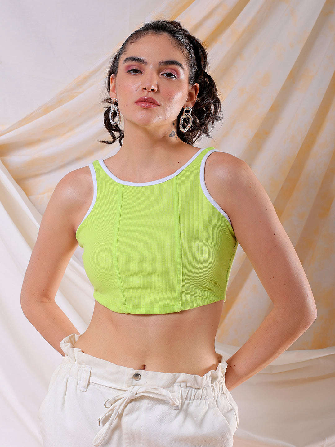 Shop Freehand Women Green/White Fitted Colourblocked Square Neck Crop Top Online.