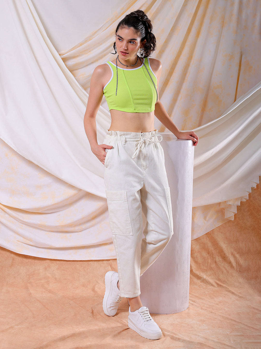 Shop Freehand Women Green/White Fitted Colourblocked Square Neck Crop Top Online.