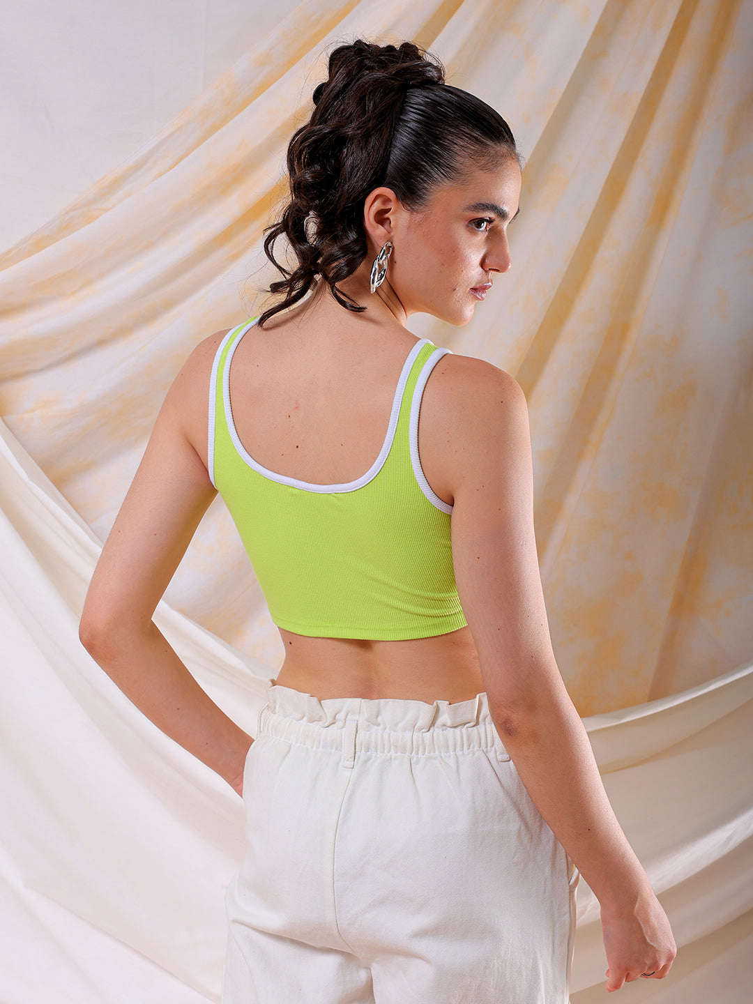 Shop Freehand Women Green/White Fitted Colourblocked Square Neck Crop Top Online.