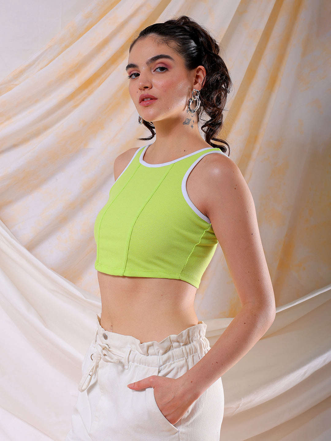 Shop Freehand Women Green/White Fitted Colourblocked Square Neck Crop Top Online.