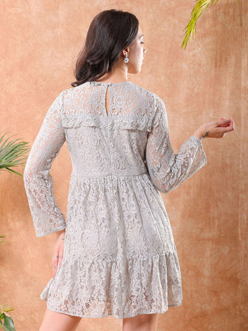 Shop Freehand Women Grey Fit and Flare Lace Round Neck Tiered Dress Online.