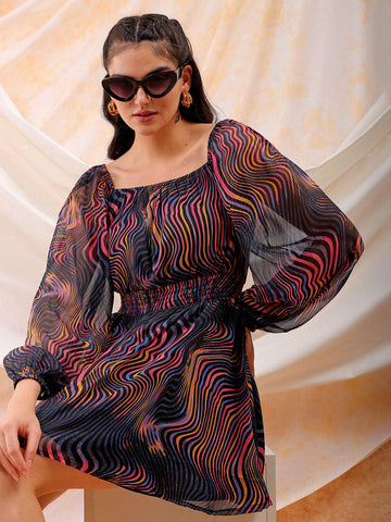 Shop Freehand Women Multicolor Fit and Flare Futuristic Scoop Neck Mini Dress Online.