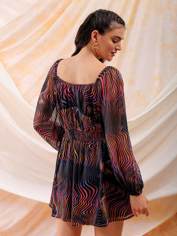 Shop Freehand Women Multicolor Fit and Flare Futuristic Scoop Neck Mini Dress Online.