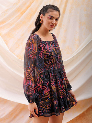 Shop Freehand Women Multicolor Fit and Flare Futuristic Scoop Neck Mini Dress Online.