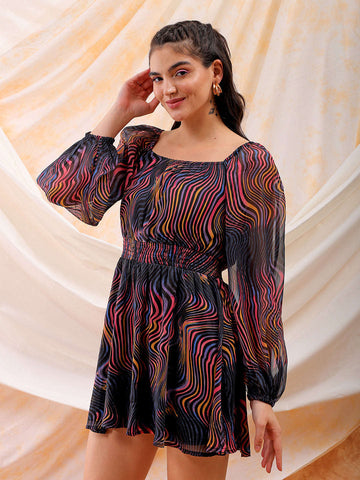 Shop Freehand Women Multicolor Fit and Flare Futuristic Scoop Neck Mini Dress Online.