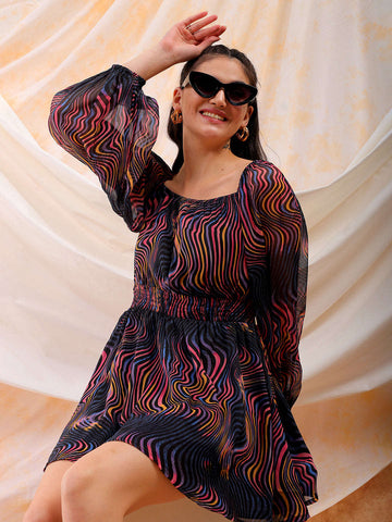 Shop Freehand Women Multicolor Fit and Flare Futuristic Scoop Neck Mini Dress Online.