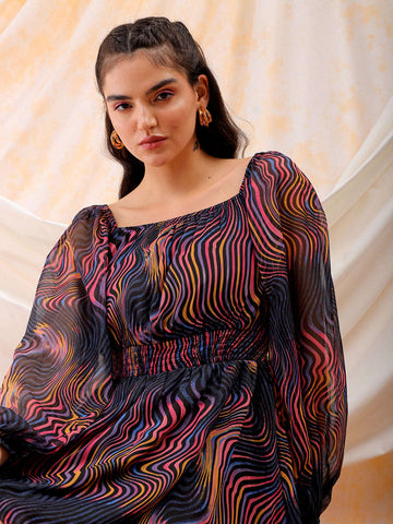 Shop Freehand Women Multicolor Fit and Flare Futuristic Scoop Neck Mini Dress Online.