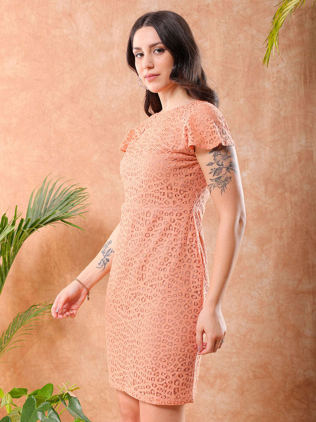 Shop Freehand Women Orange Fitted Lace Round Neck Sheath Dress Online.