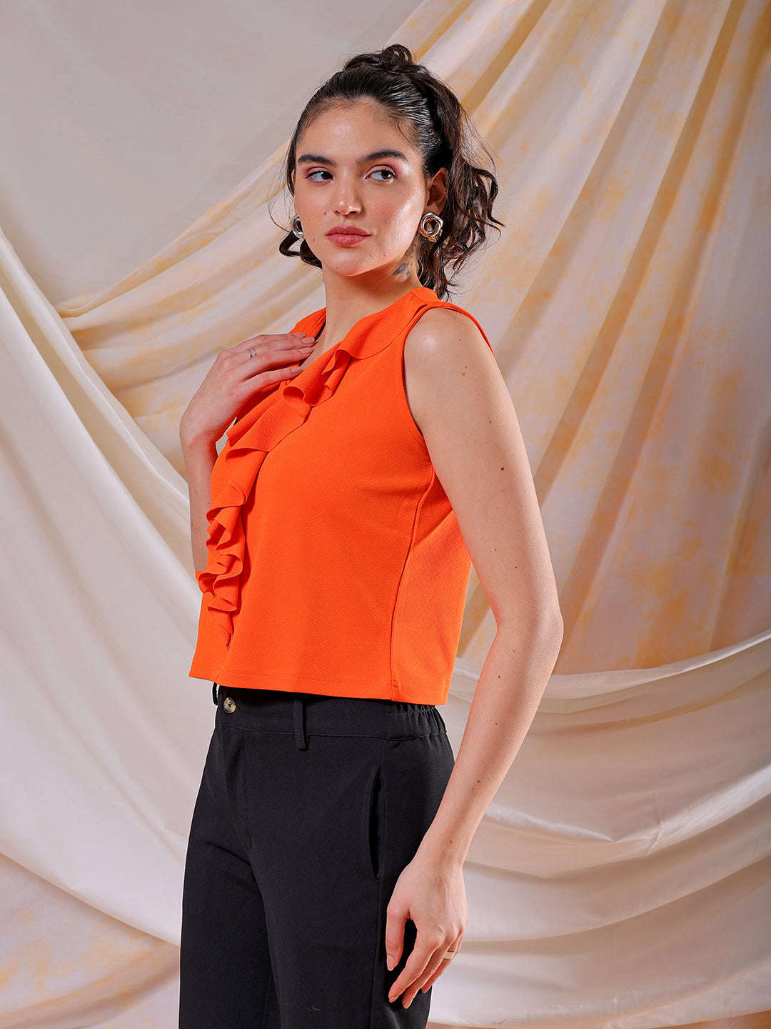 Shop Freehand Women Orange Fitted Textured Ruffled Ruffle Top Online.