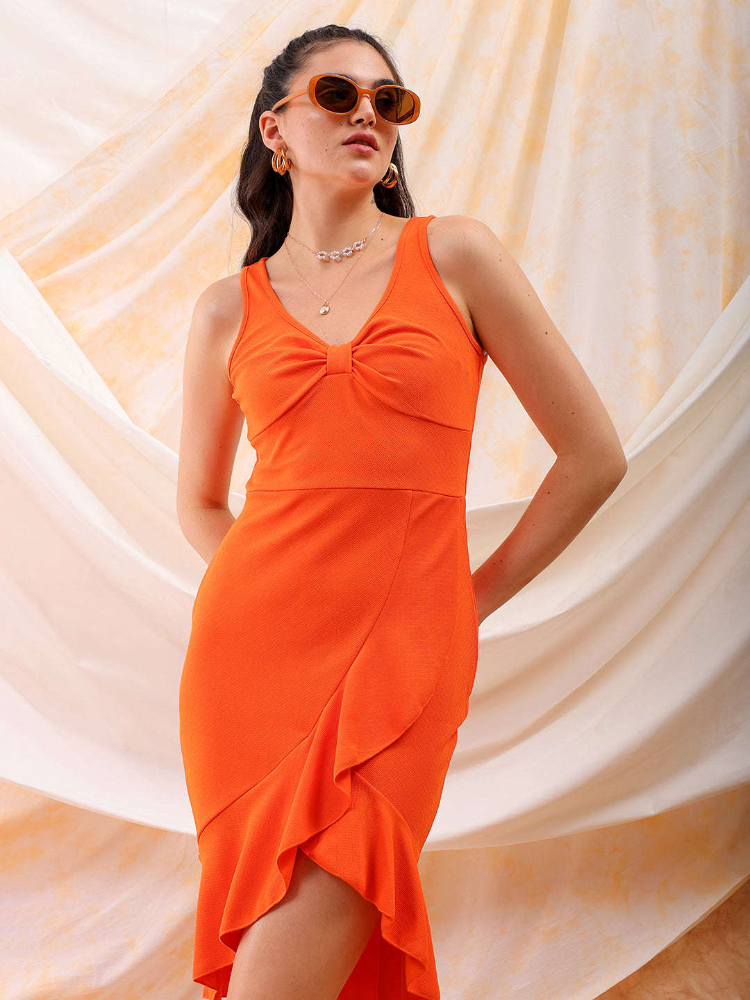 Shop Freehand Women Orange Fitted Textured Scoop Neck Partywear Ruffle Dress Online.