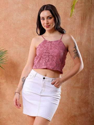 Shop Freehand Women Pink Fitted Lace Round Neck Cami Top Online.