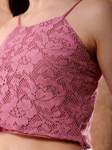 Shop Freehand Women Pink Fitted Lace Round Neck Cami Top Online.