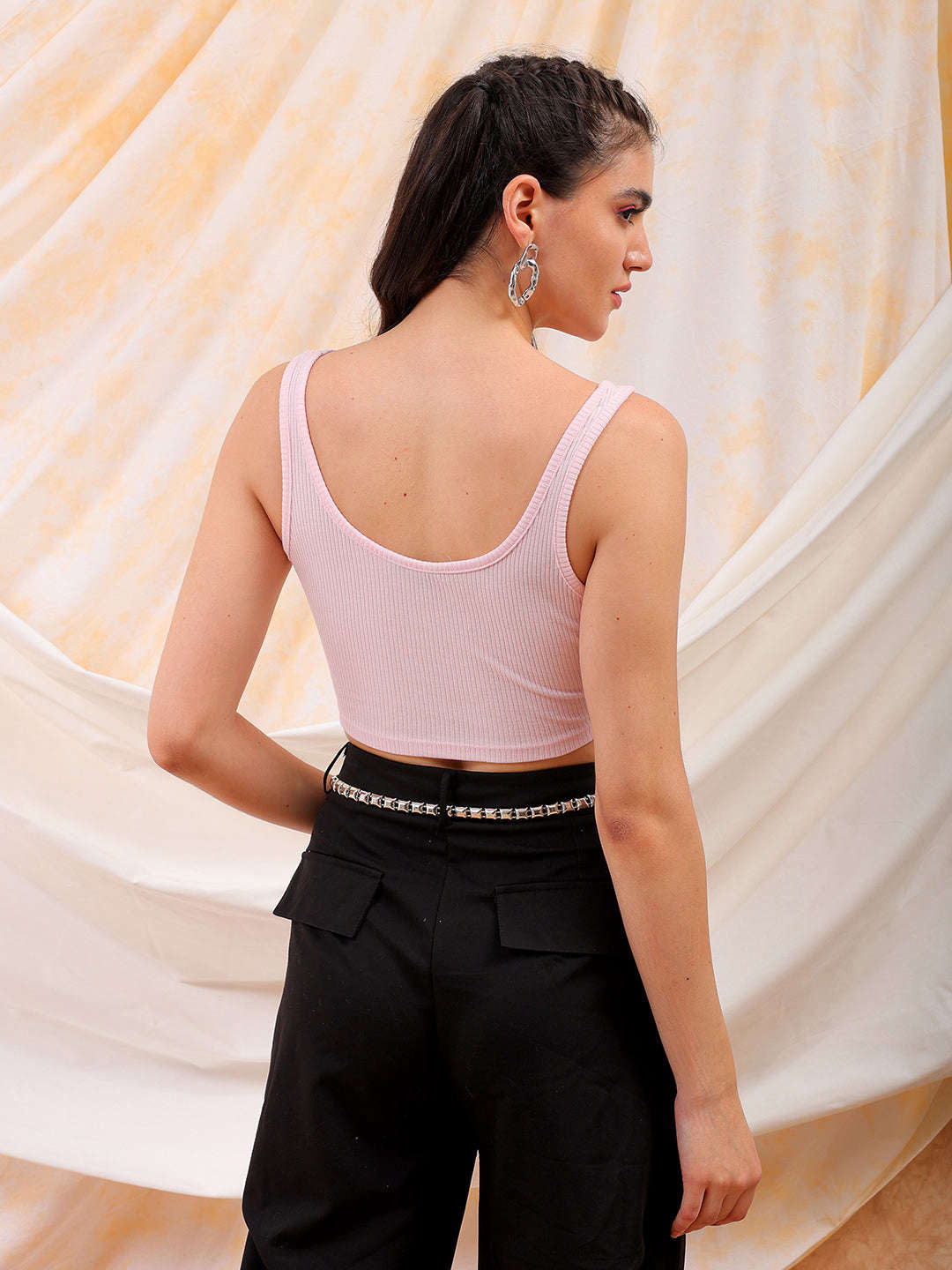 Shop Freehand Women Pink Fitted Solid Square Neck Crop Top Online.