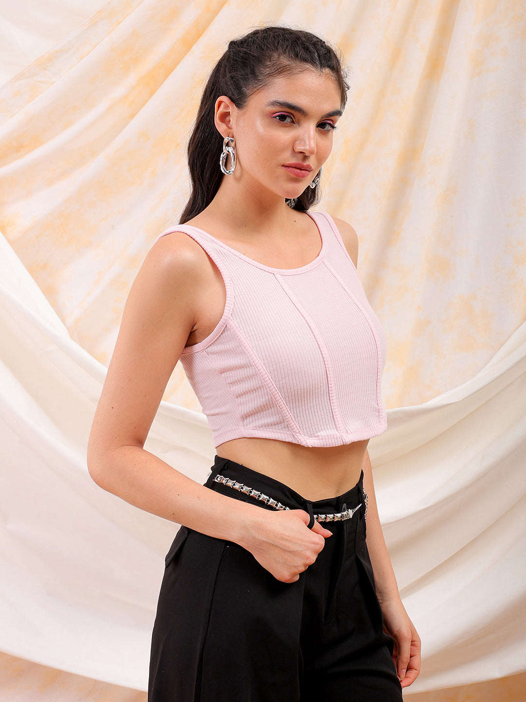 Shop Freehand Women Pink Fitted Solid Square Neck Crop Top Online.