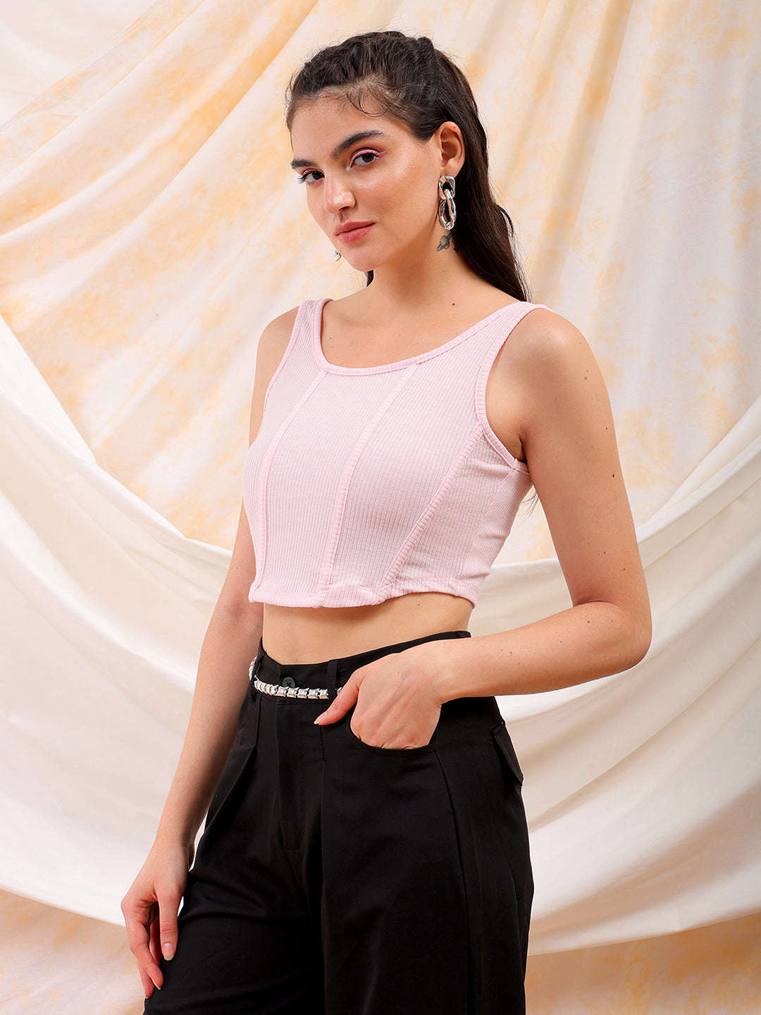 Shop Freehand Women Pink Fitted Solid Square Neck Crop Top Online.