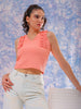 Shop Freehand Women Pink Fitted Textured Scoop Neck Ruffle Top Online.