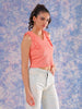 Shop Freehand Women Pink Fitted Textured Scoop Neck Ruffle Top Online.