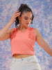 Shop Freehand Women Pink Fitted Textured Scoop Neck Ruffle Top Online.