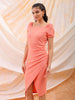 Shop Freehand Women Pink Fitted Textured Square Neck Wrap Dress Online.