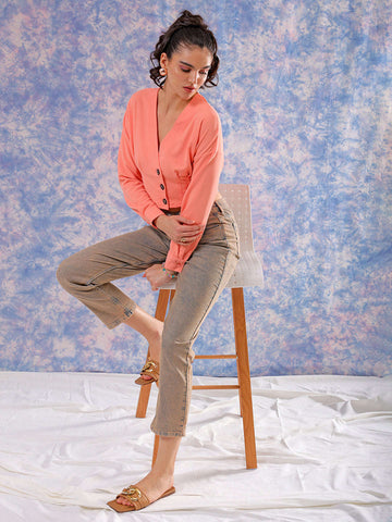 Shop Freehand Women Pink Fitted Textured V-Neck Button down top Online.