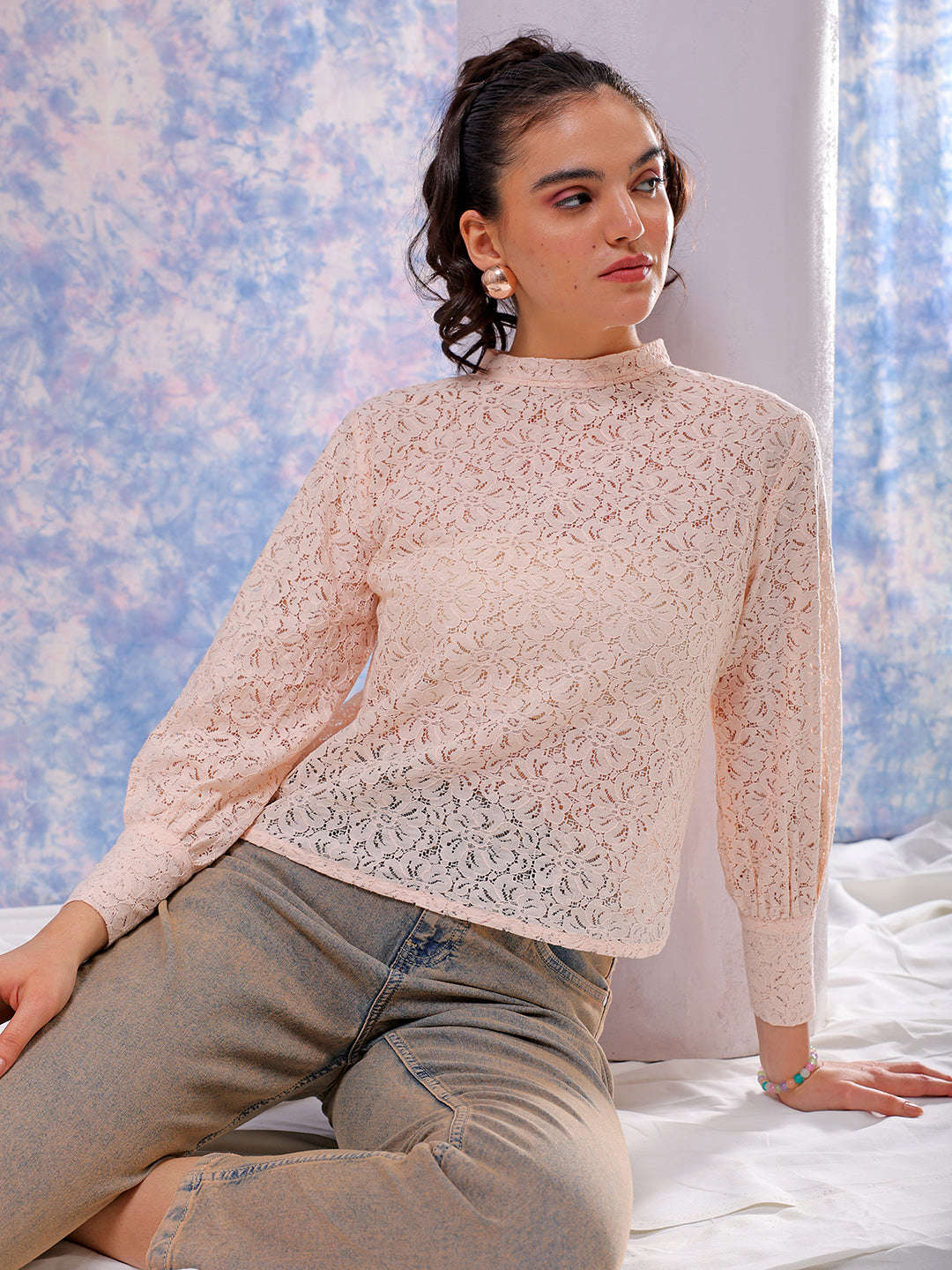 Shop Freehand Women Pink Regular Lace Round Neck Regular Top Online.