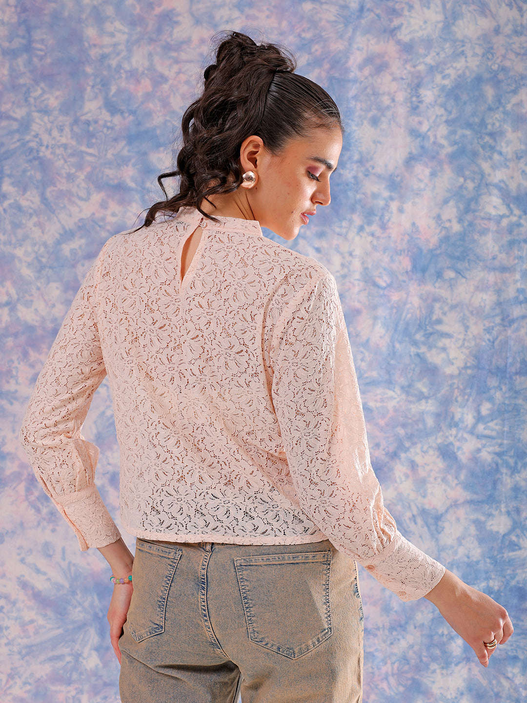 Shop Freehand Women Pink Regular Lace Round Neck Regular Top Online.