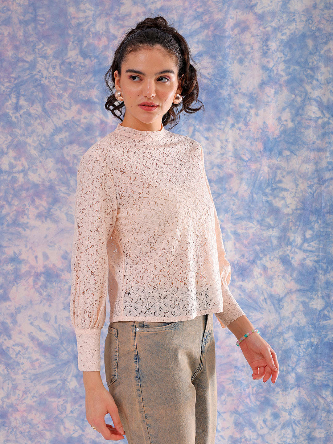 Shop Freehand Women Pink Regular Lace Round Neck Regular Top Online.