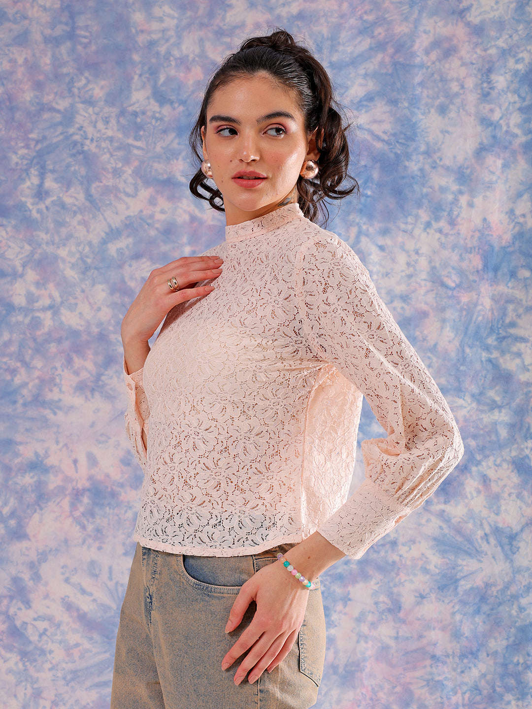 Shop Freehand Women Pink Regular Lace Round Neck Regular Top Online.