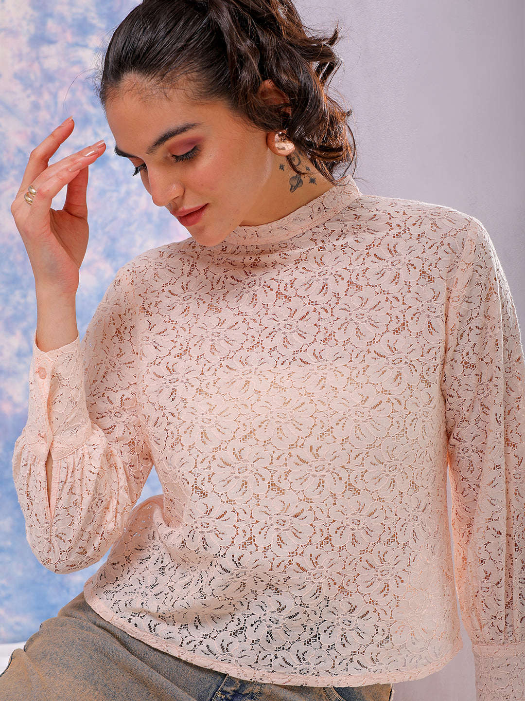 Shop Freehand Women Pink Regular Lace Round Neck Regular Top Online.