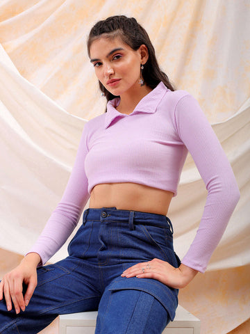 Shop Freehand Women Purple Fitted Solid Collared Shirt Style Online.