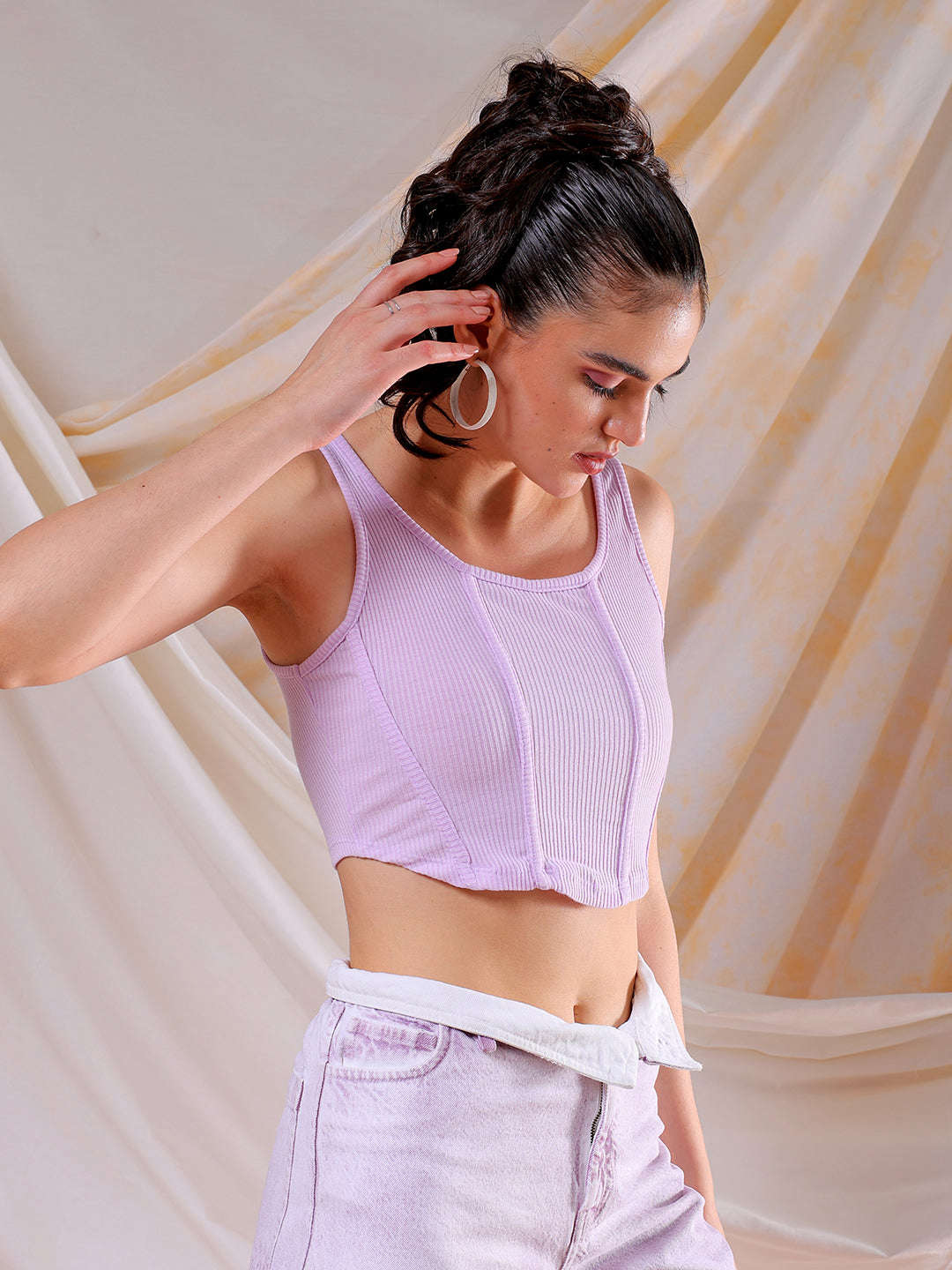 Shop Freehand Women Purple Fitted Solid Square Neck Crop Top Online.