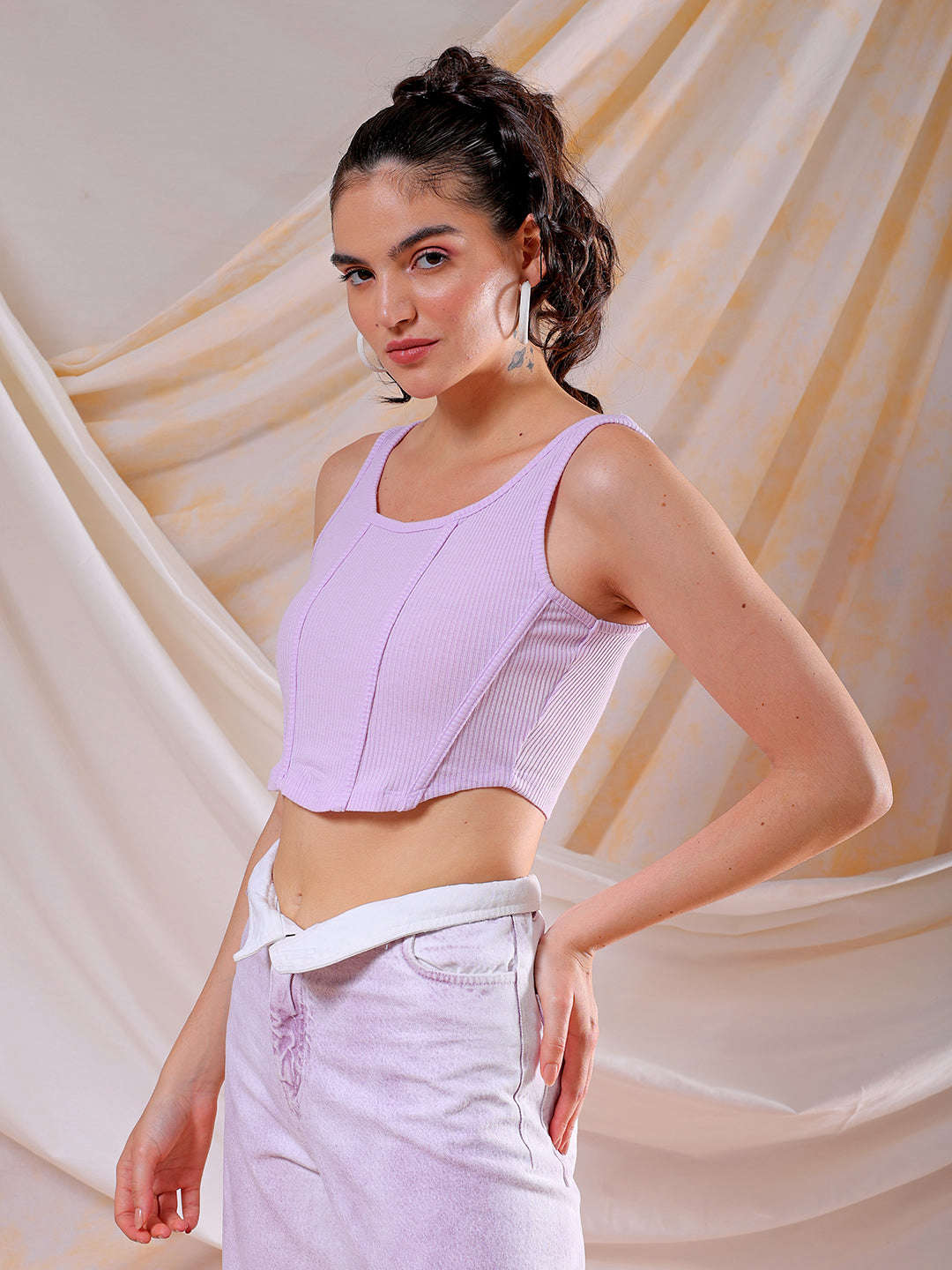 Shop Freehand Women Purple Fitted Solid Square Neck Crop Top Online.