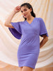 Shop Freehand Women Purple Fitted Textured V-Neck Mini Dress Online.
