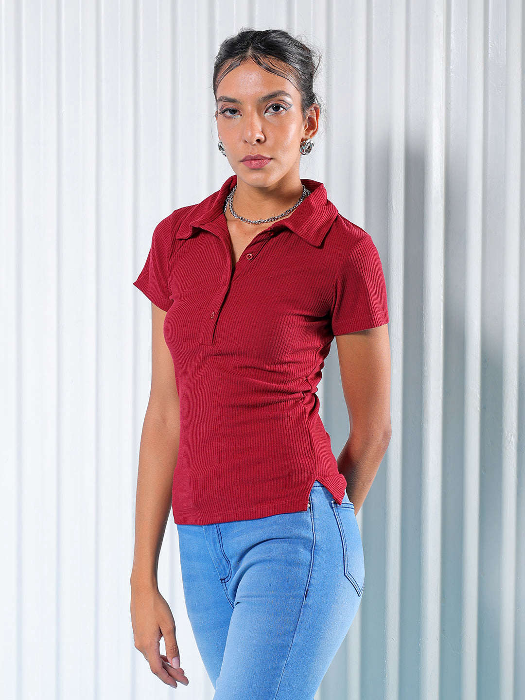 Shop Freehand Women Red Fitted Solid Collared Shirt Style Online.