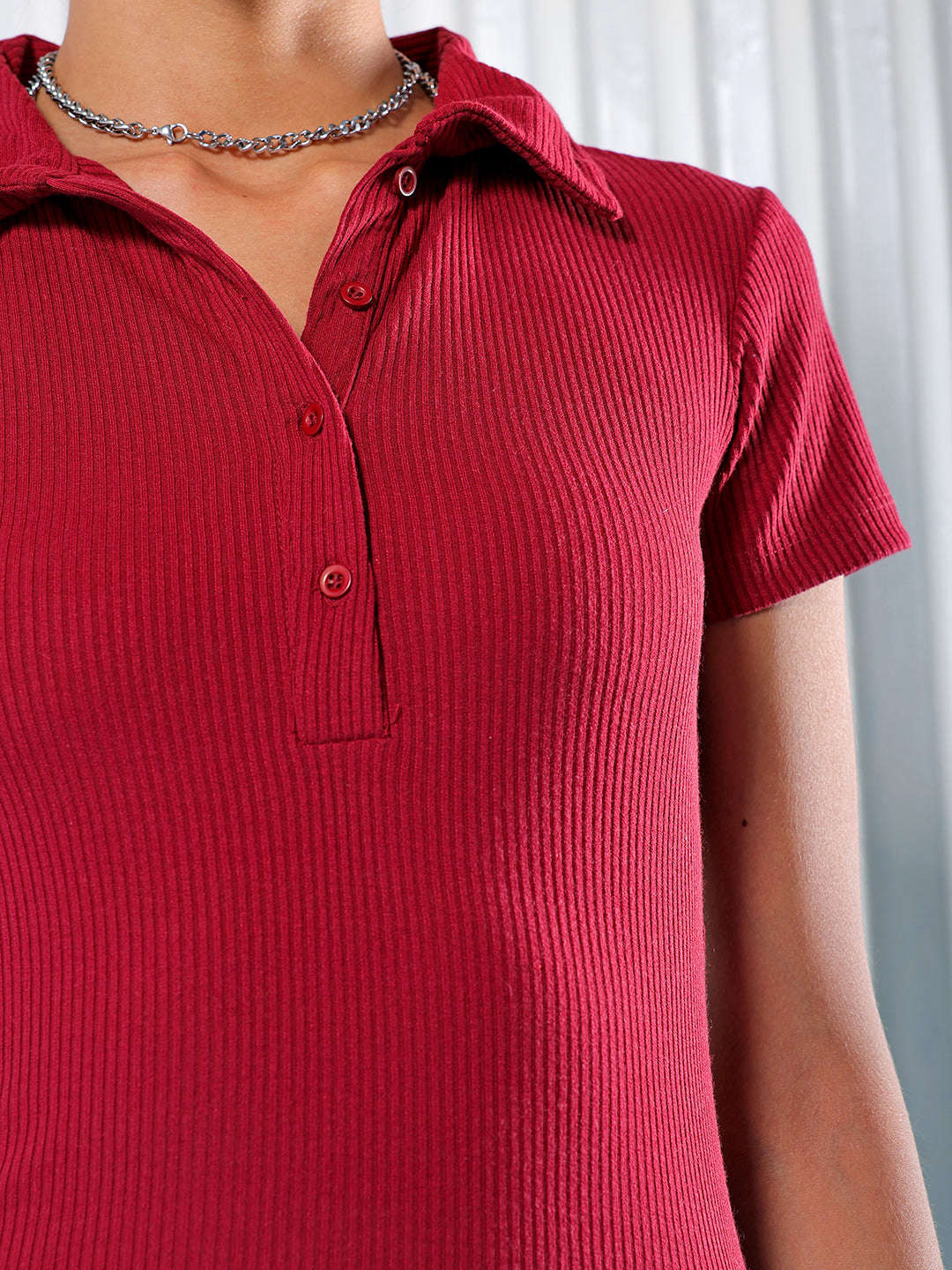 Shop Freehand Women Red Fitted Solid Collared Shirt Style Online.