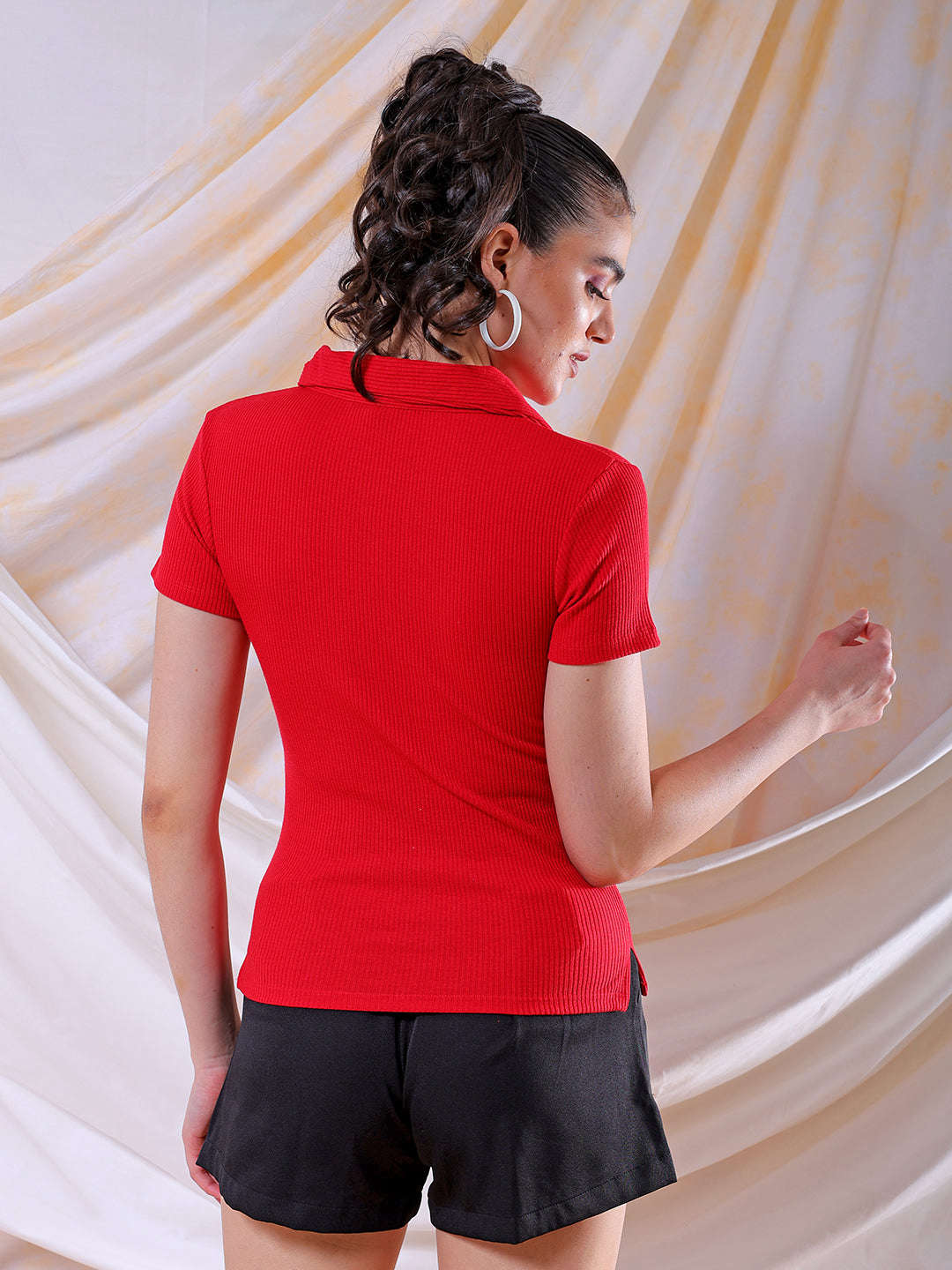 Shop Freehand Women Red Fitted Solid Collared Shirt Style Online.