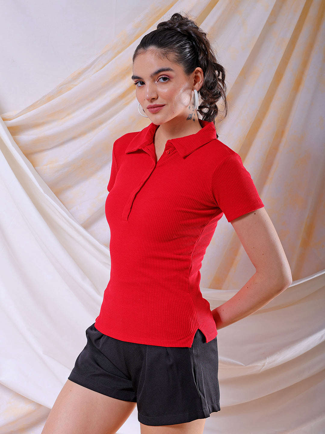 Shop Freehand Women Red Fitted Solid Collared Shirt Style Online.