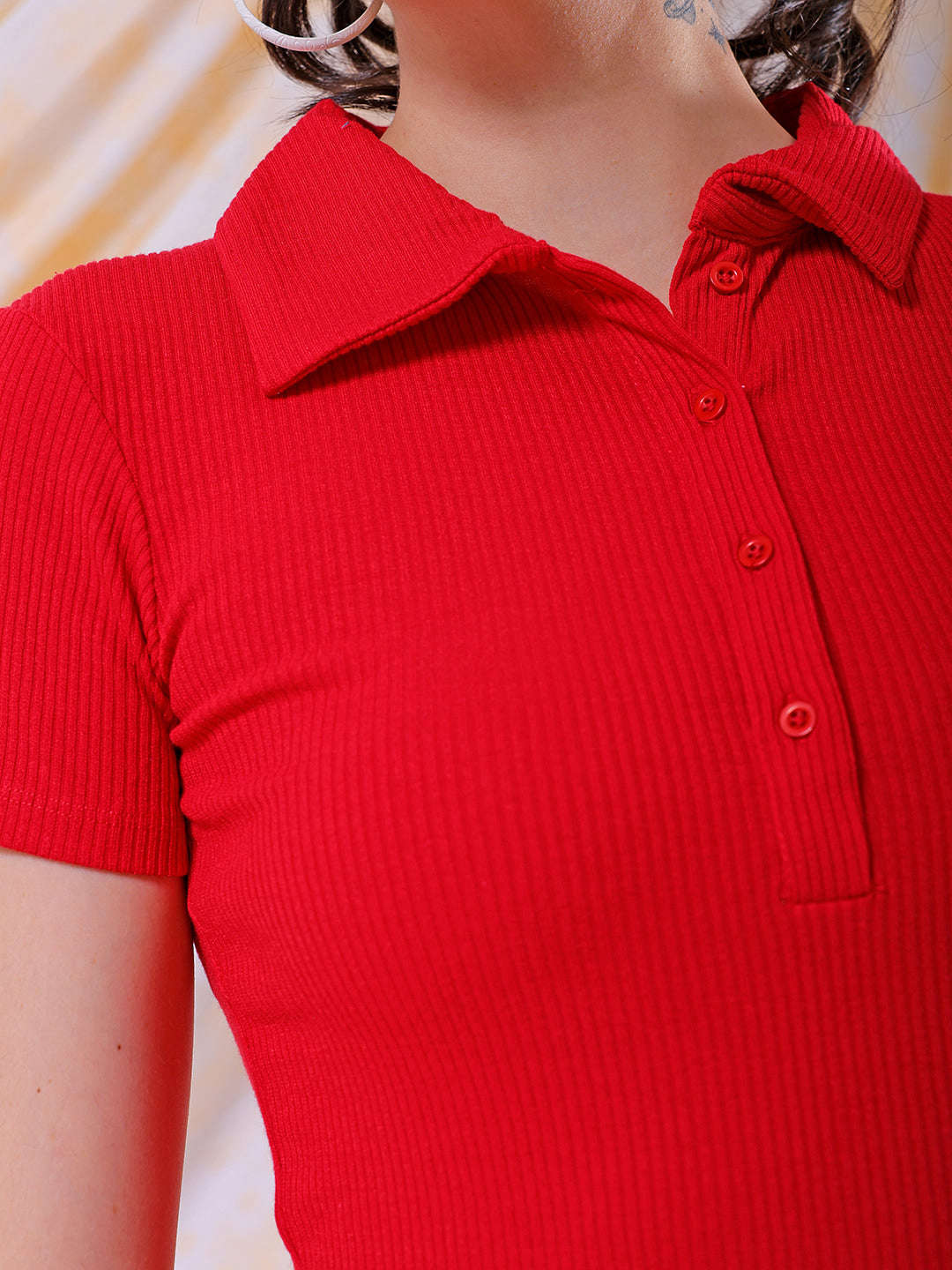 Shop Freehand Women Red Fitted Solid Collared Shirt Style Online.