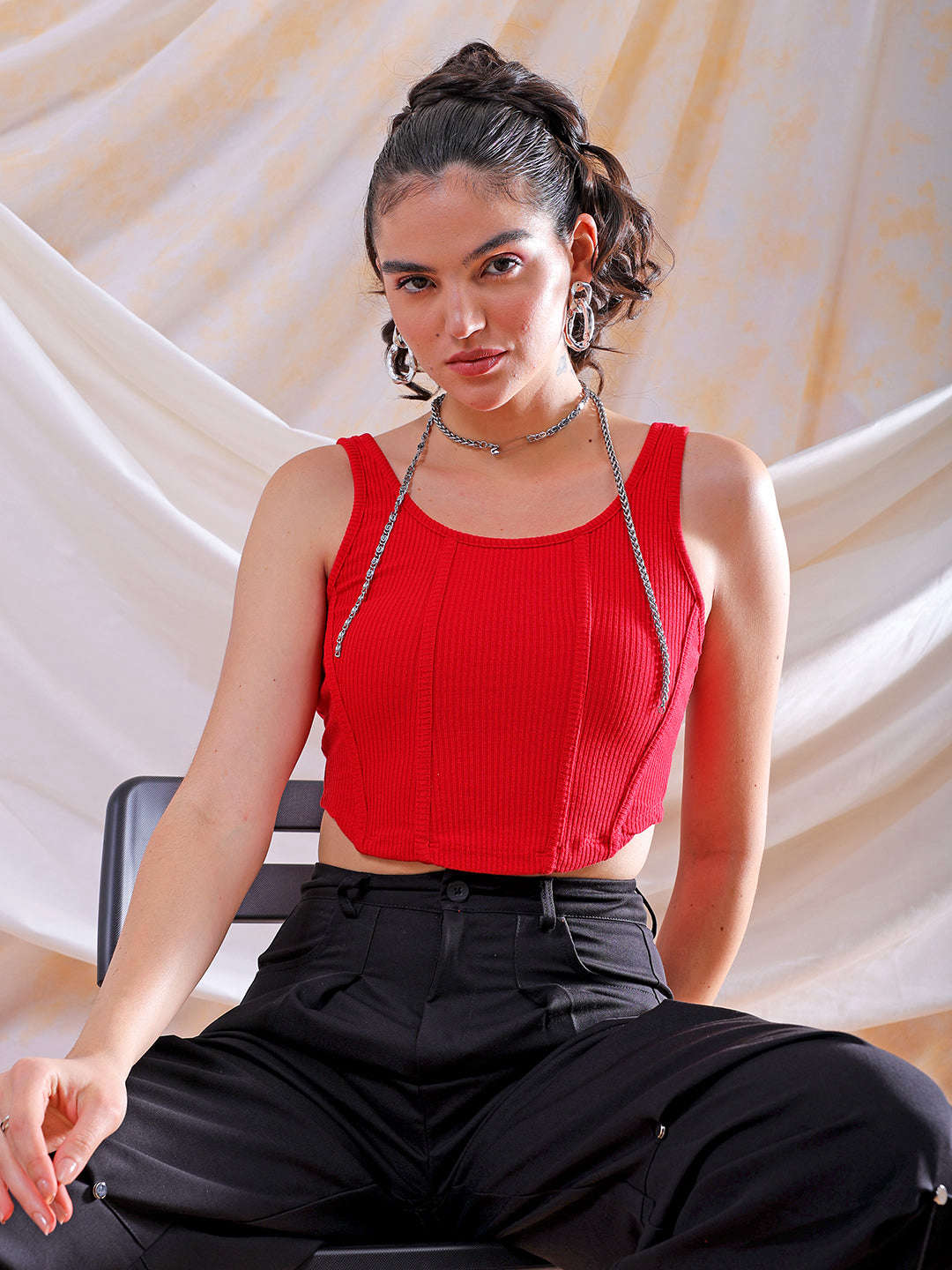 Shop Freehand Women Red Fitted Solid Square Neck Crop Top Online.