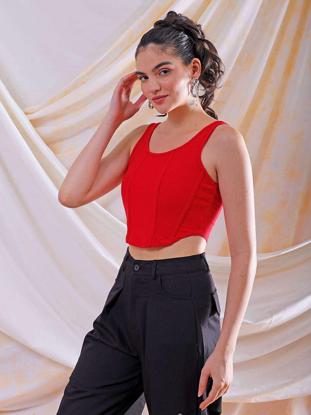 Shop Freehand Women Red Fitted Solid Square Neck Crop Top Online.