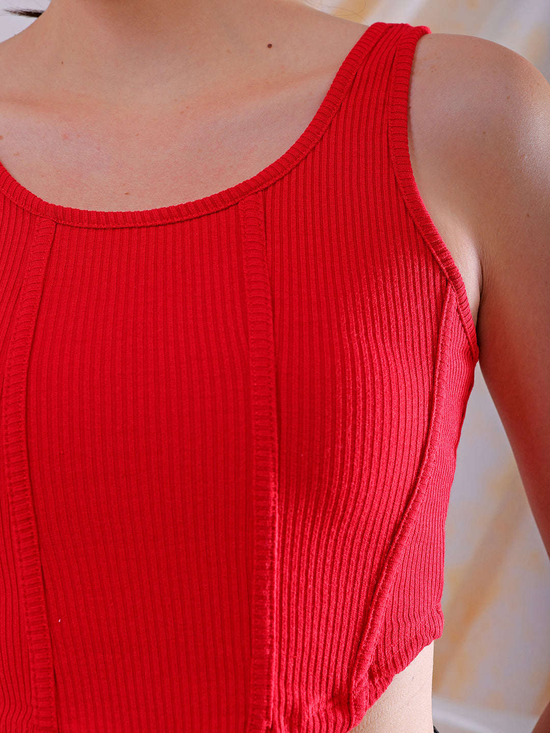 Shop Freehand Women Red Fitted Solid Square Neck Crop Top Online.