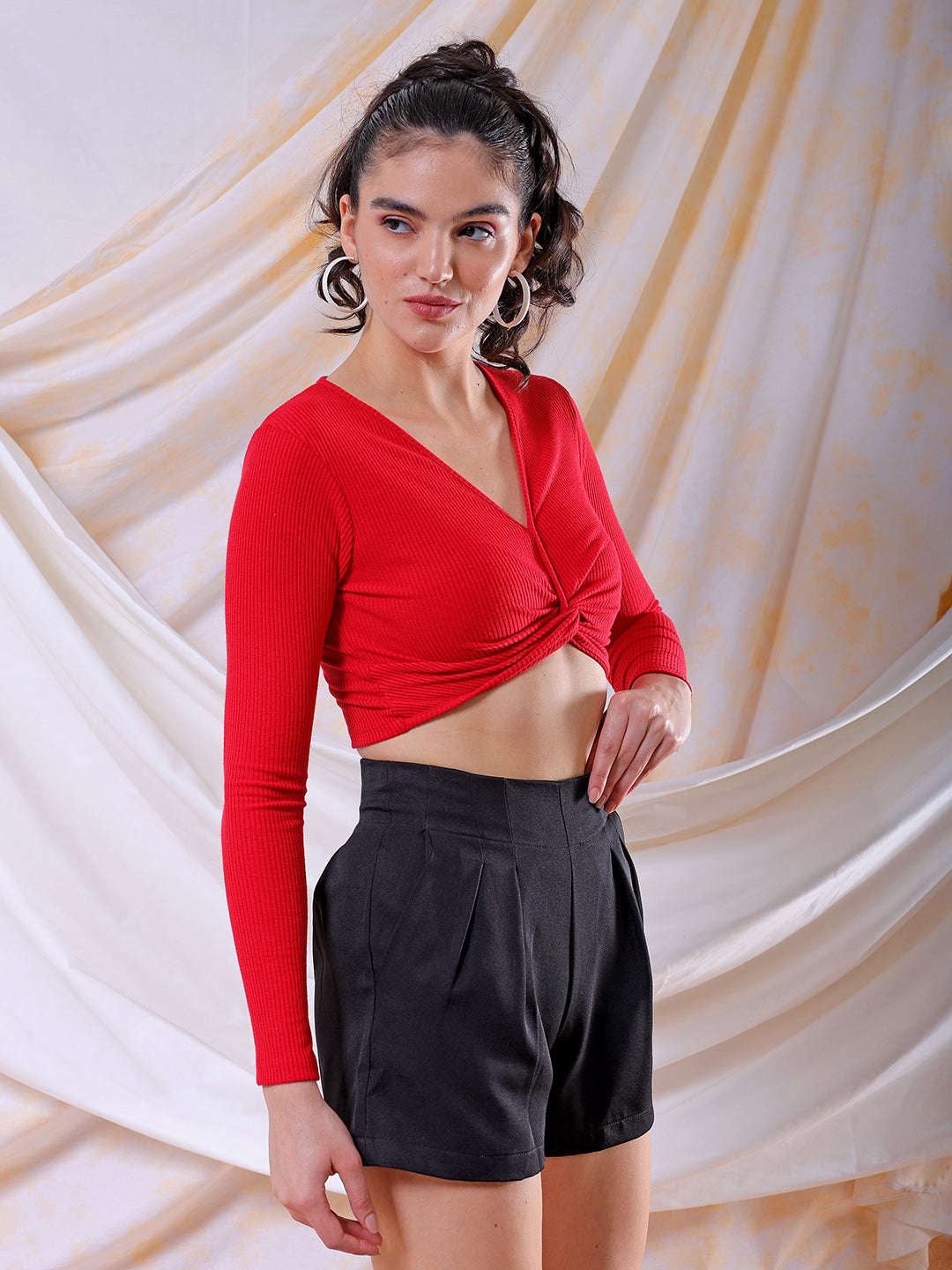 Shop Freehand Women Red Fitted Solid V-Neck Regular Online.