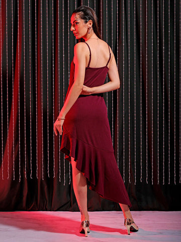 Shop Freehand Women Red Fitted Textured Scoop Neck Partywear Ruffle Dress Online.