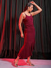 Shop Freehand Women Red Fitted Textured Scoop Neck Partywear Ruffle Dress Online.