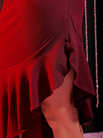 Shop Freehand Women Red Fitted Textured Scoop Neck Partywear Ruffle Dress Online.