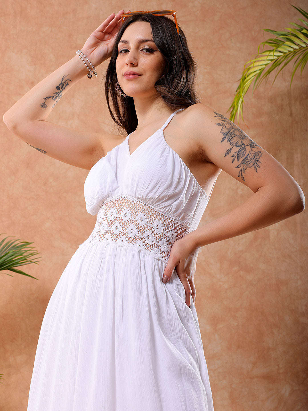 Shop Freehand Women White Fit And Flare Solid V-Neck Maxi Dress Online.