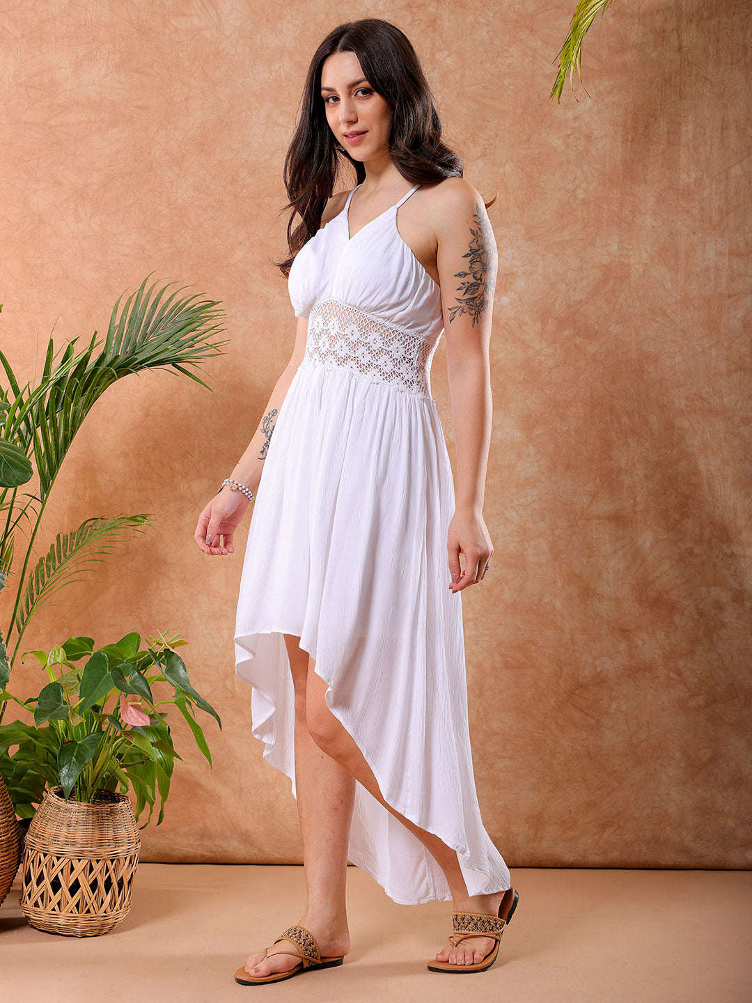 Shop Freehand Women White Fit And Flare Solid V-Neck Maxi Dress Online.