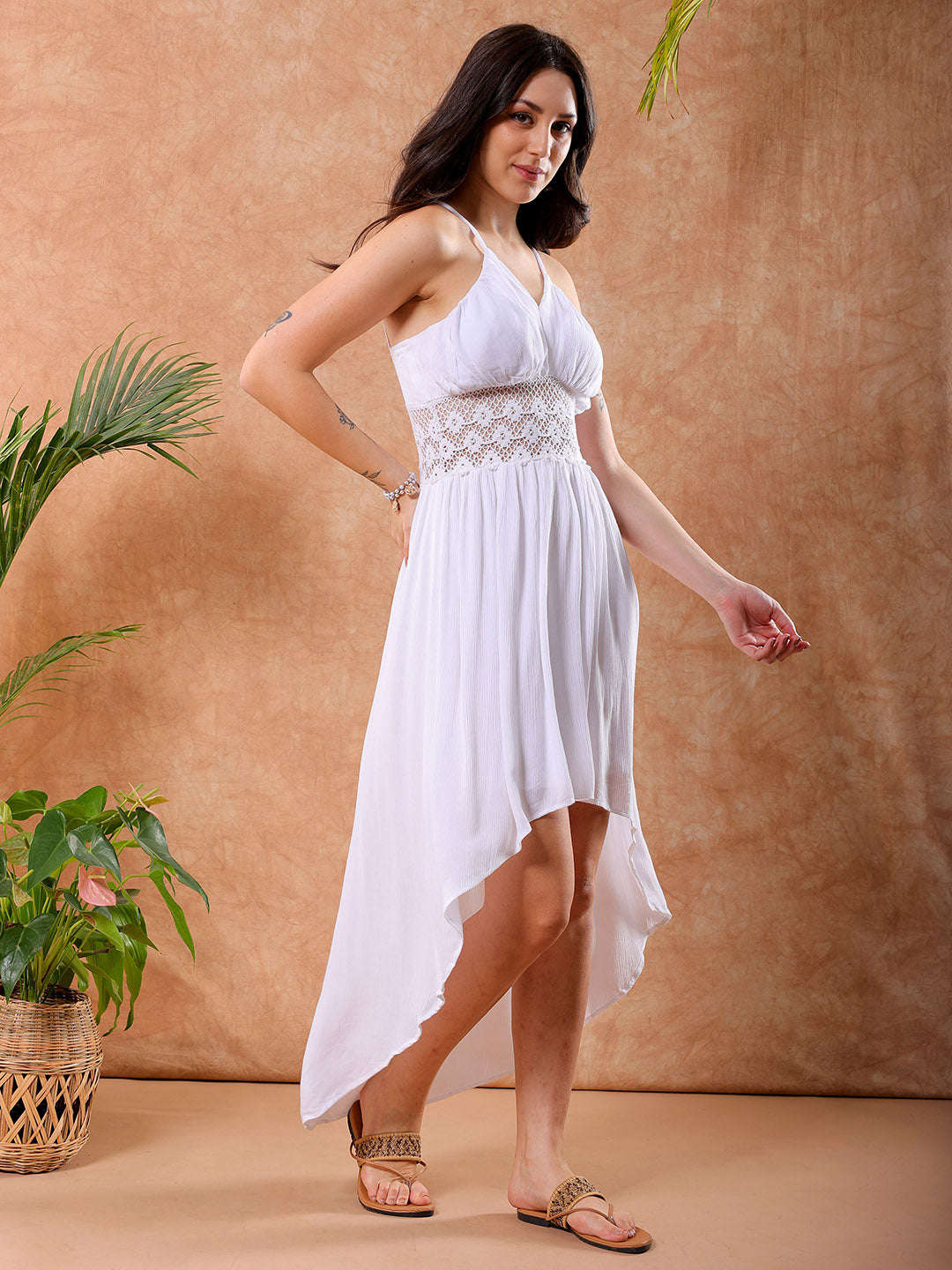 Shop Freehand Women White Fit And Flare Solid V-Neck Maxi Dress Online.